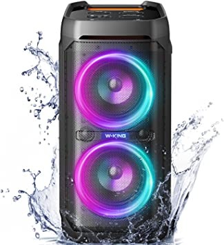W-KING 100W Bluetooth Speaker V5.3, Portable IPX6 Waterproof Party Speaker Loud with Deep Bass/110dB Huge Sound/DSP, Karaoke Outdoor Speaker, with Light/Mic and Guitar Port/ECHO/USB Port/Adapter